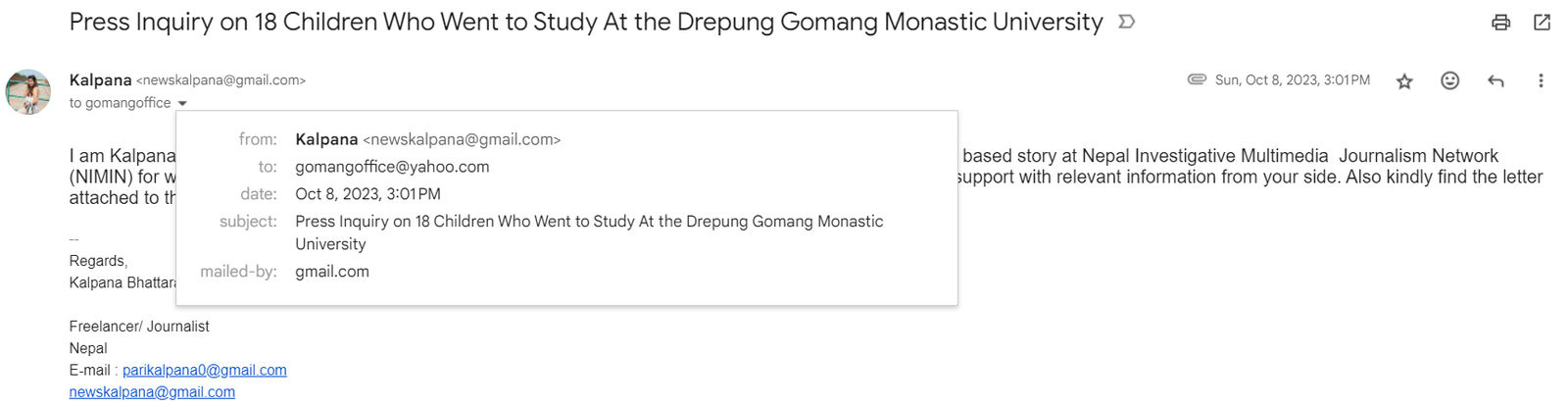 Screenshot of email sent to Drepung Gomang Monastery. Image: NIMJN