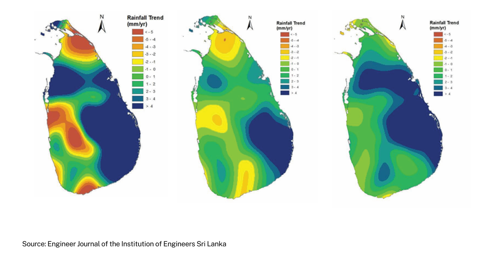 Graphic with three spatial interpolation maps of Sri Lanka showing that rainfall patterns have changed over the years with the district now receiving torrential pours.