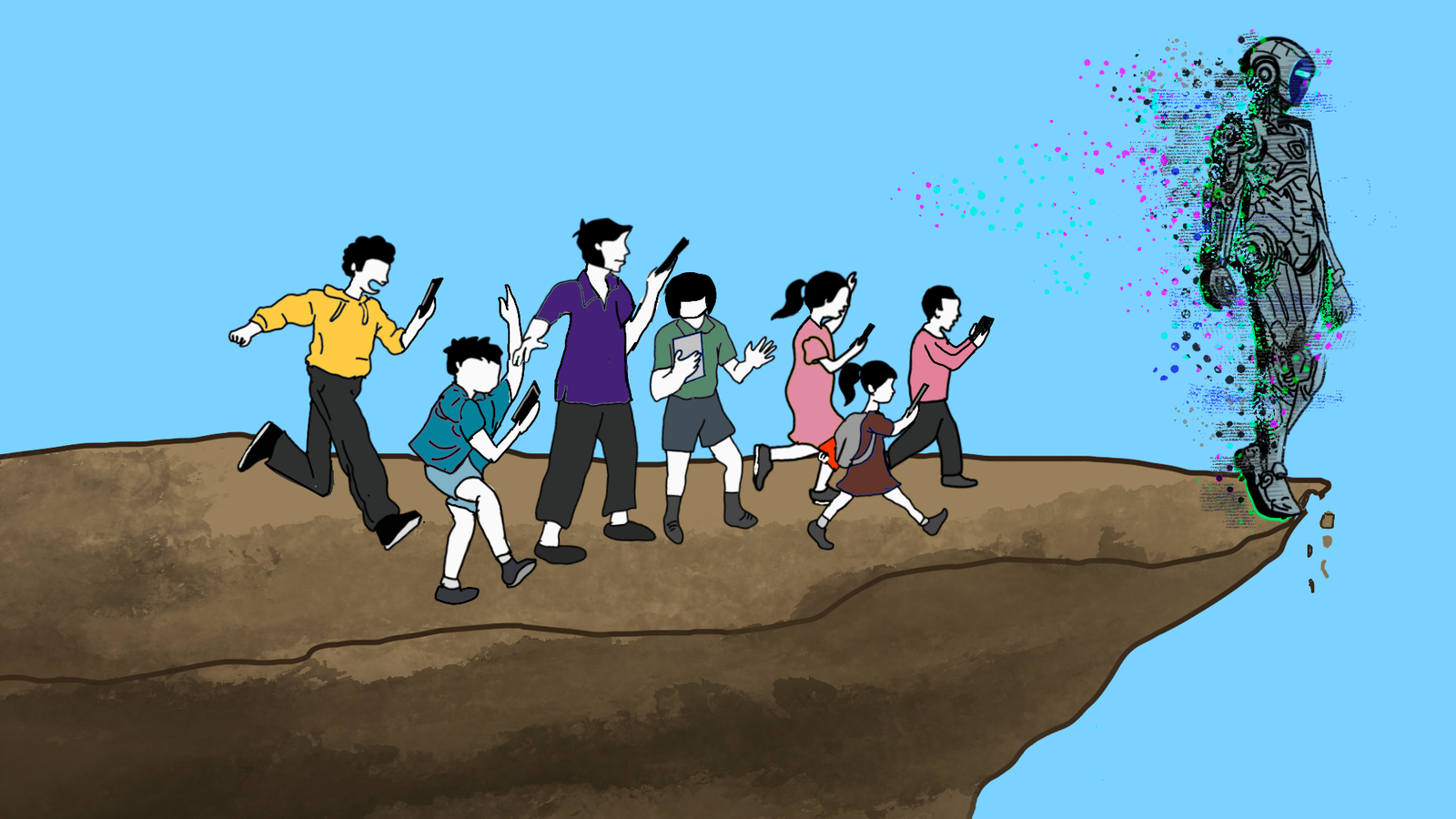 An illustration of children being drawn towards AI systems. Illustration: Sharanya Eshwar/Asian Dispatch