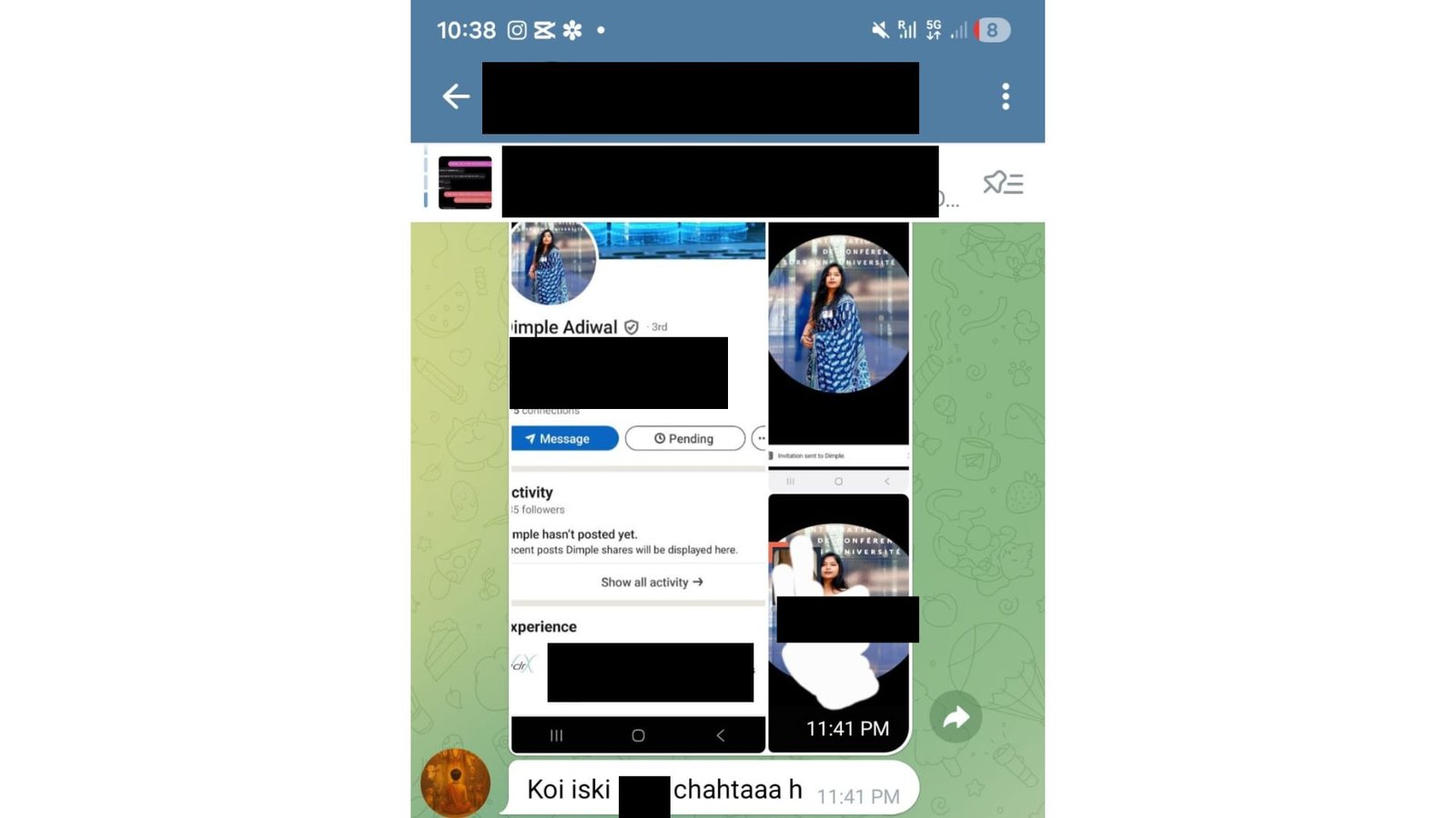 The image contains a screenshot of a message on Telegram that was shared to target Dimple Adiwal.
