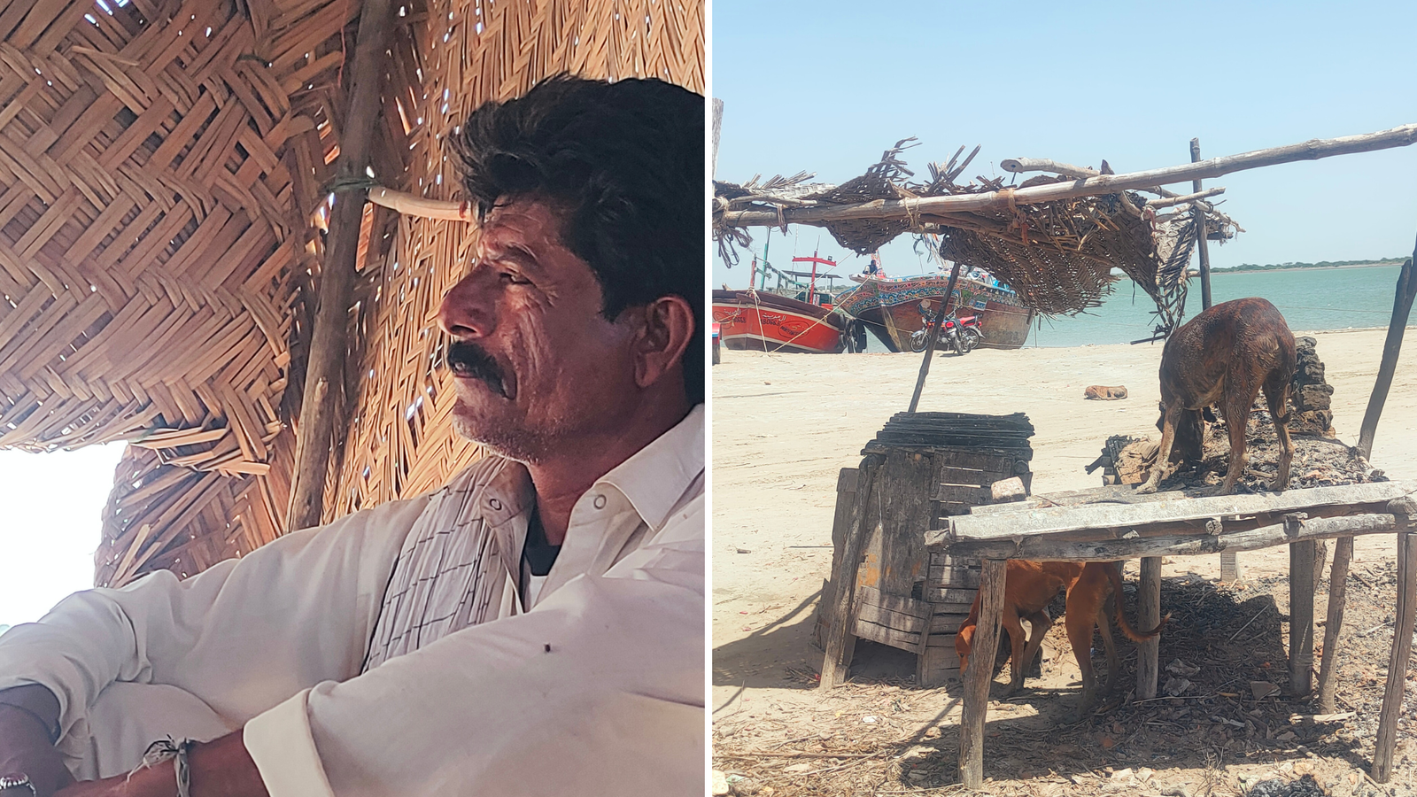 The image on the left shows Ibrahim Mallah waiting for a boat. The image on the right shows a small stall in the delta which is now dysfunctional and closed.